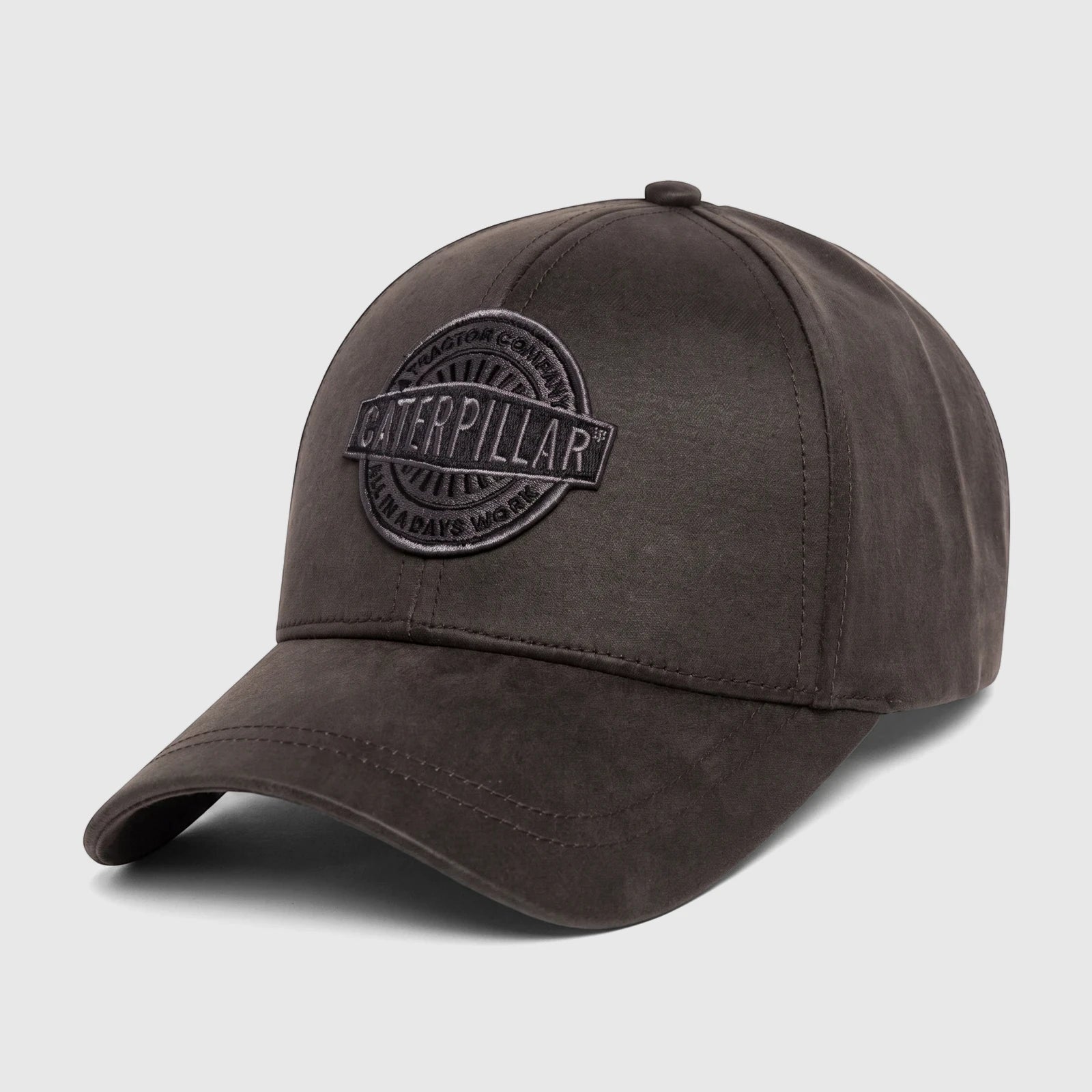Pitch black Cat Tractor Company trucker hat featuring an embroidered circular logo on the front panel, angled for a clear