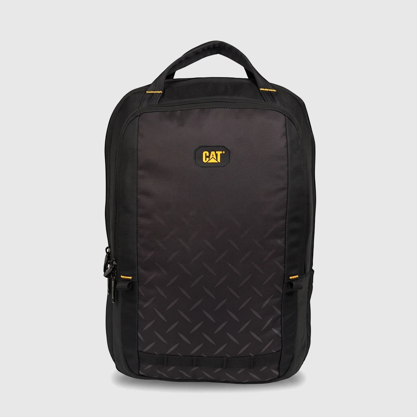 Black Cat Voyager 2 in 1 Daypack, a versatile backpack with a yellow logo and textured front panel, shown from a front view.