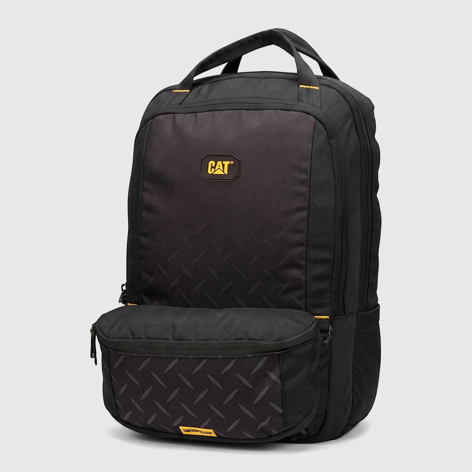 Black Cat Voyager 2 in 1 Daypack, front view, featuring yellow logos and a textured diamond pattern on the lower front.