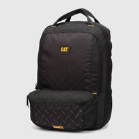 Black Cat Voyager 2 in 1 Daypack, front view, featuring yellow logos and a textured diamond pattern on the lower front.