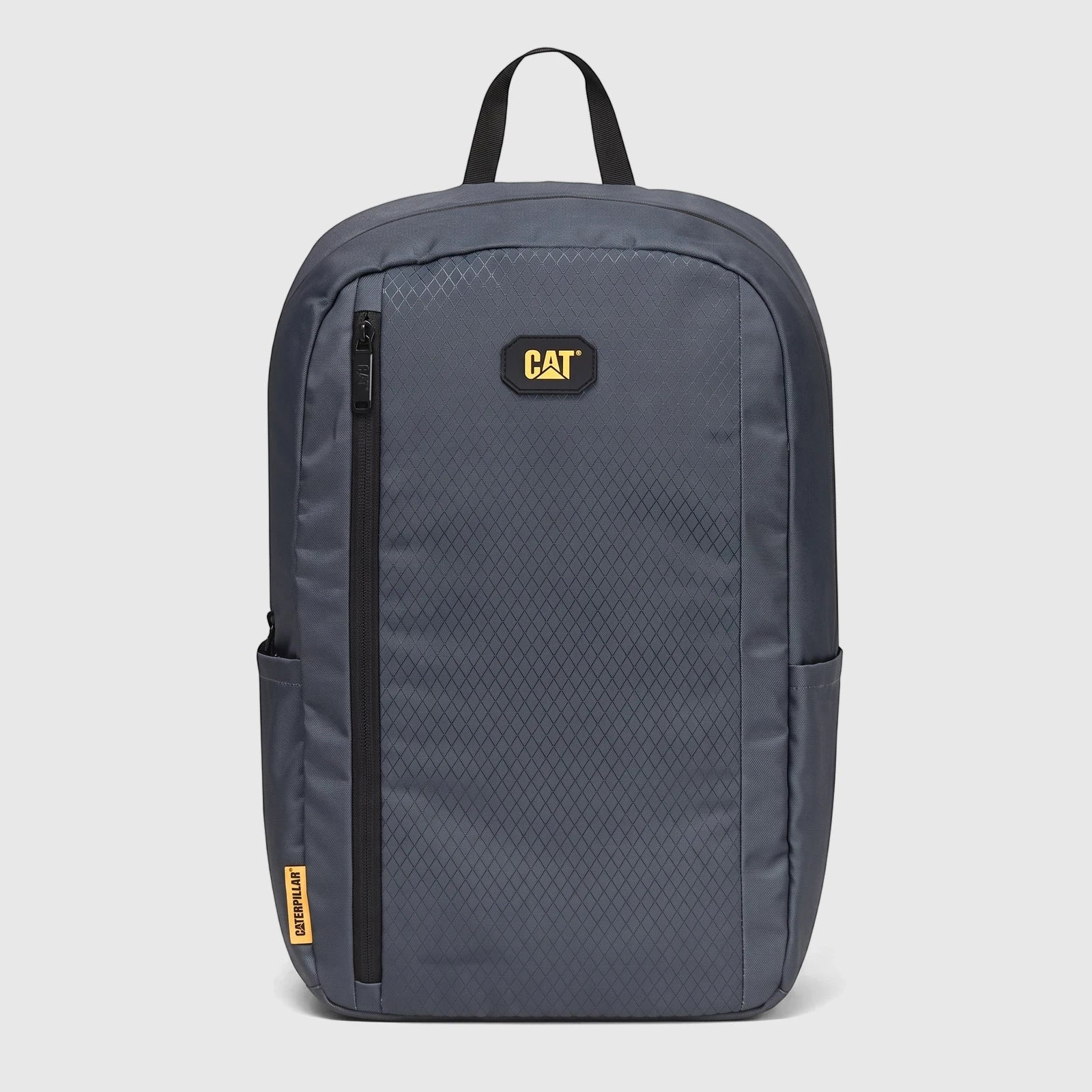 Charcoal Cat Voyager Backpack 84960-106, front view, featuring a diamond pattern, black zippers, and yellow CAT logos.