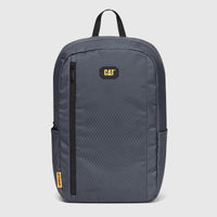 Charcoal Cat Voyager Backpack 84960-106, front view, featuring a diamond pattern, black zippers, and yellow CAT logos.