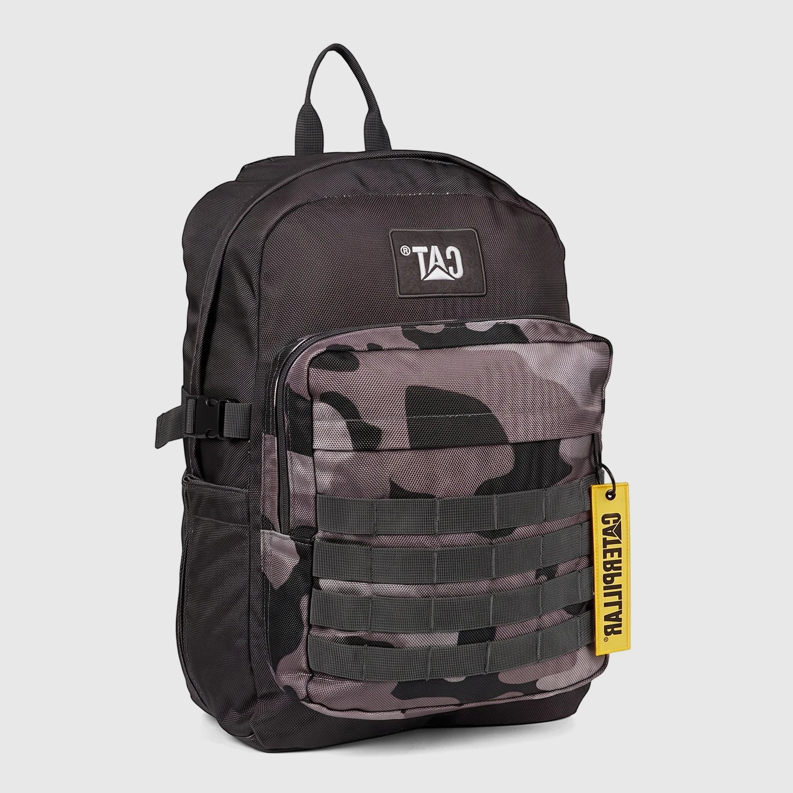 Cat Yuma A1 backpack in black and charcoal camouflage, featuring front MOLLE webbing and a yellow brand hangtag, angled view.