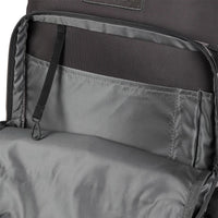 Open interior of a charcoal camo Cat Yuma A1 backpack showing internal mesh and slip pockets with a key clip.