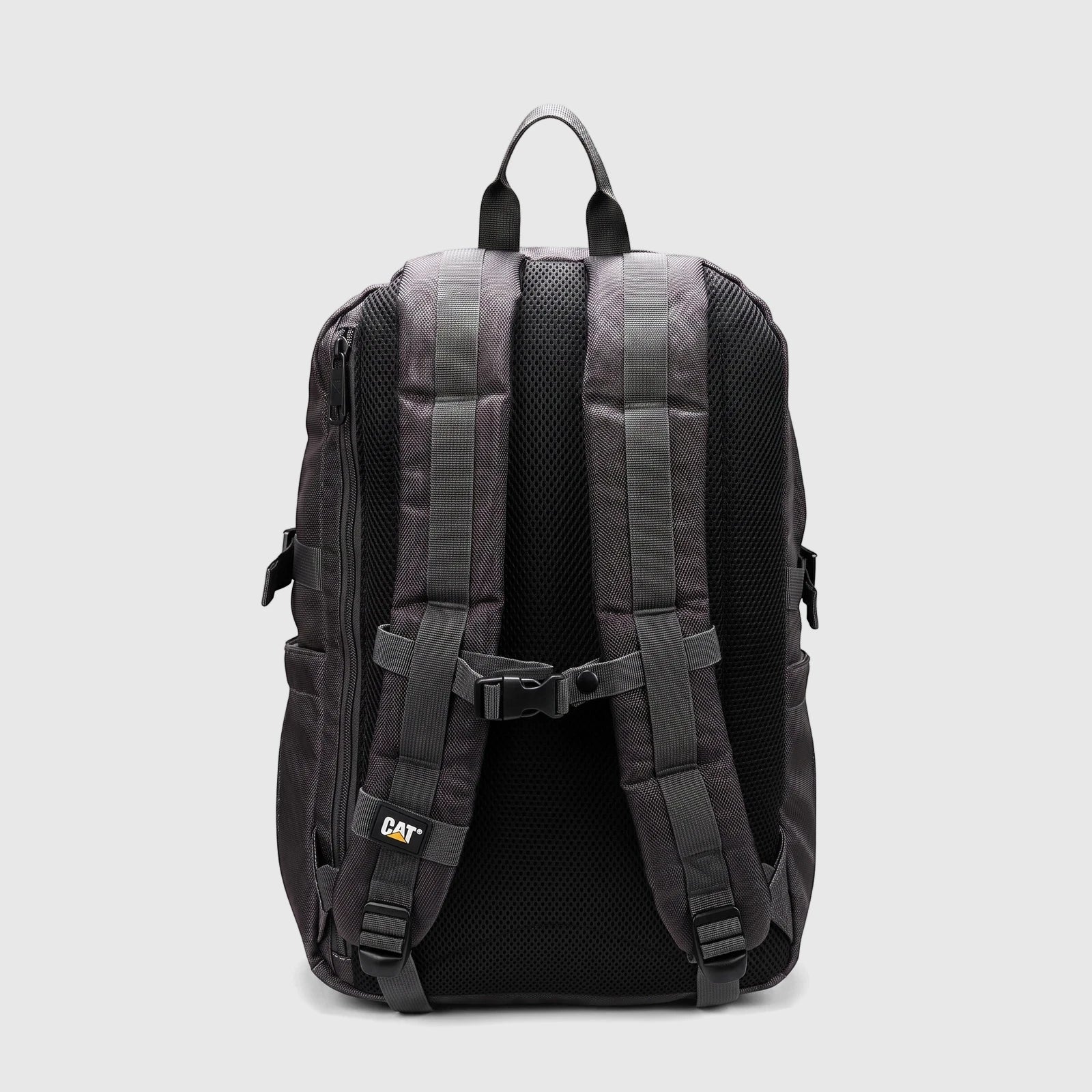 Charcoal camouflage Cat Yuma backpack, viewed from the back, featuring padded shoulder straps and a small logo.