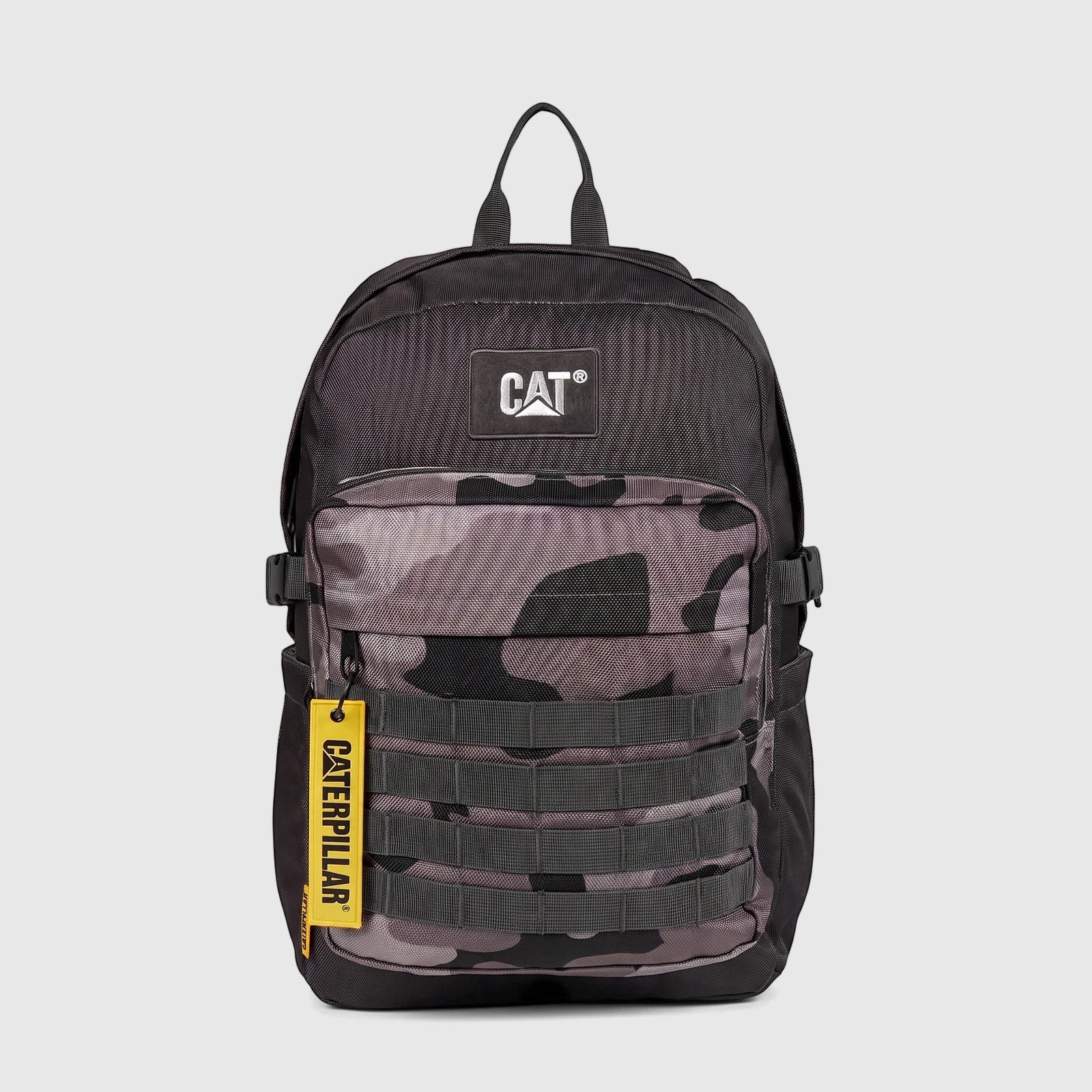 Cat Yuma Backpack in charcoal camouflage, featuring a front view with a prominent CAT logo and multiple webbing straps, made