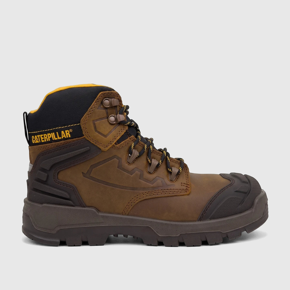 Dark beige Caterpillar Men's Striver XL 6-inch safety boot with black and yellow accents, rugged sole, and durable