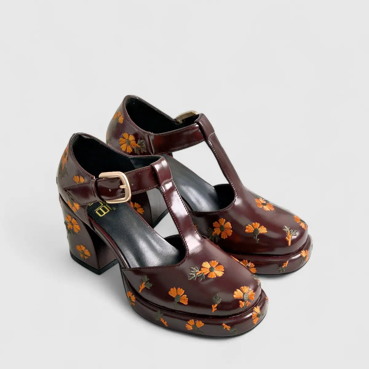 Bulbul Block Heel Burgandy Flower Heels | familyshoecentre