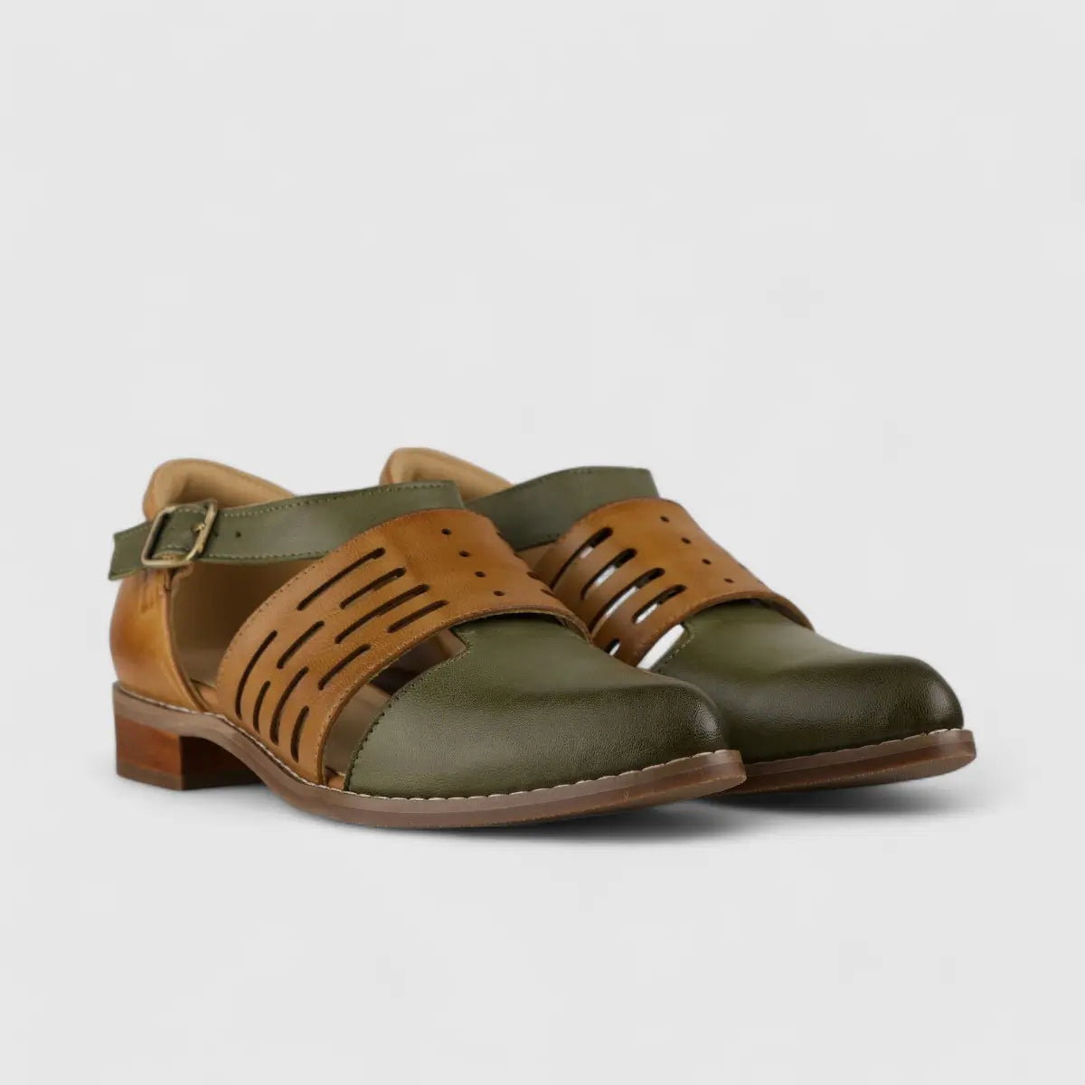 Bulbul Leather Block Heel Olive/Brown 4788-34 Oxfords | familyshoecentre