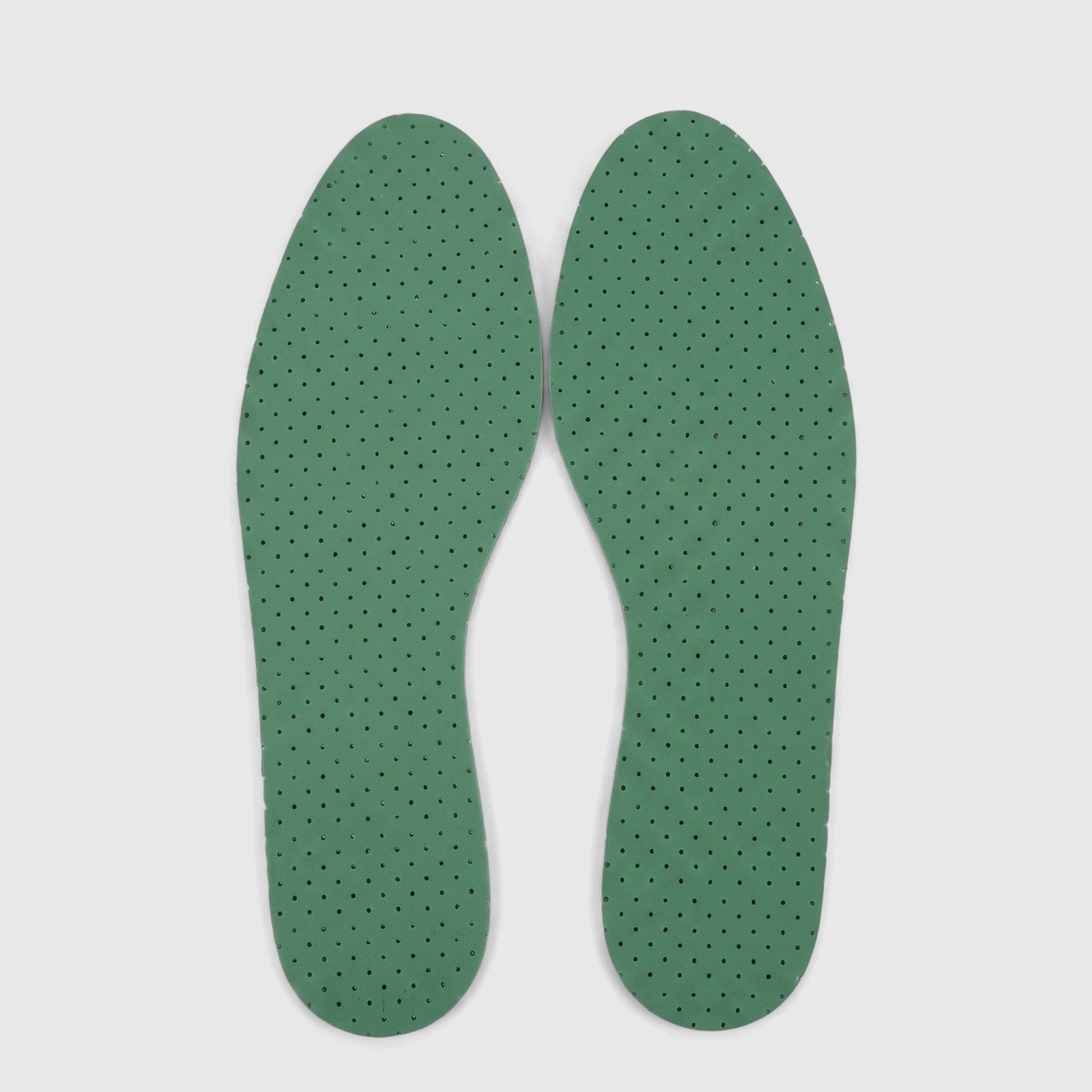 Pair of chlorophyll green unisex insoles with perforated ventilation, designed for comfortable shoe inserts.