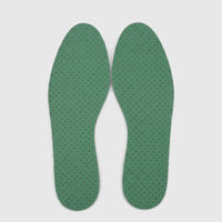 Pair of chlorophyll green unisex insoles with perforated ventilation, designed for comfortable shoe inserts.