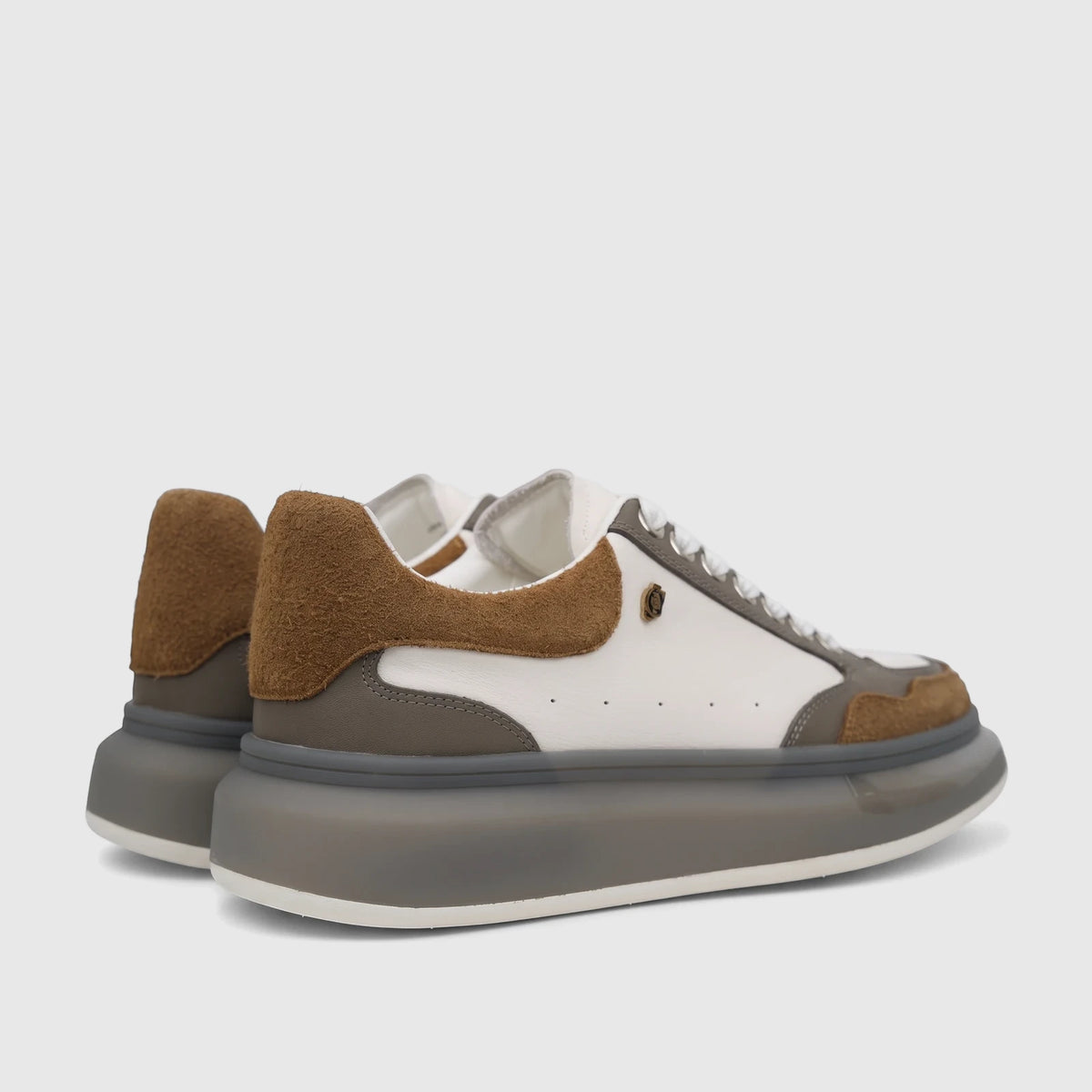 Crockett And Jones Men's Sneaker Tito 62.CGS548F in white and coffee brown, with a chunky translucent gray sole, side-rear