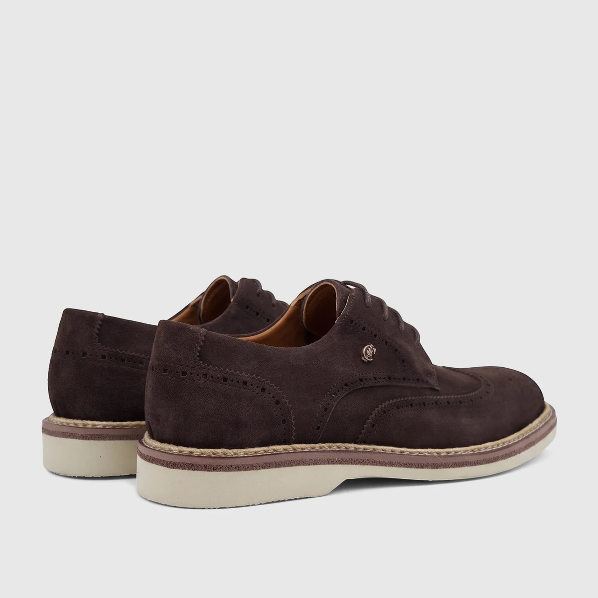 Pair of Crockett and Jones Men's Lace Up Brogue Salvatore shoes in brown suede, showing side and rear view.