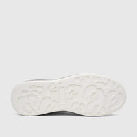 Close-up view of the sole of a Crockett And Jones Men's Sneaker, featuring an intricate white rubber tread pattern.