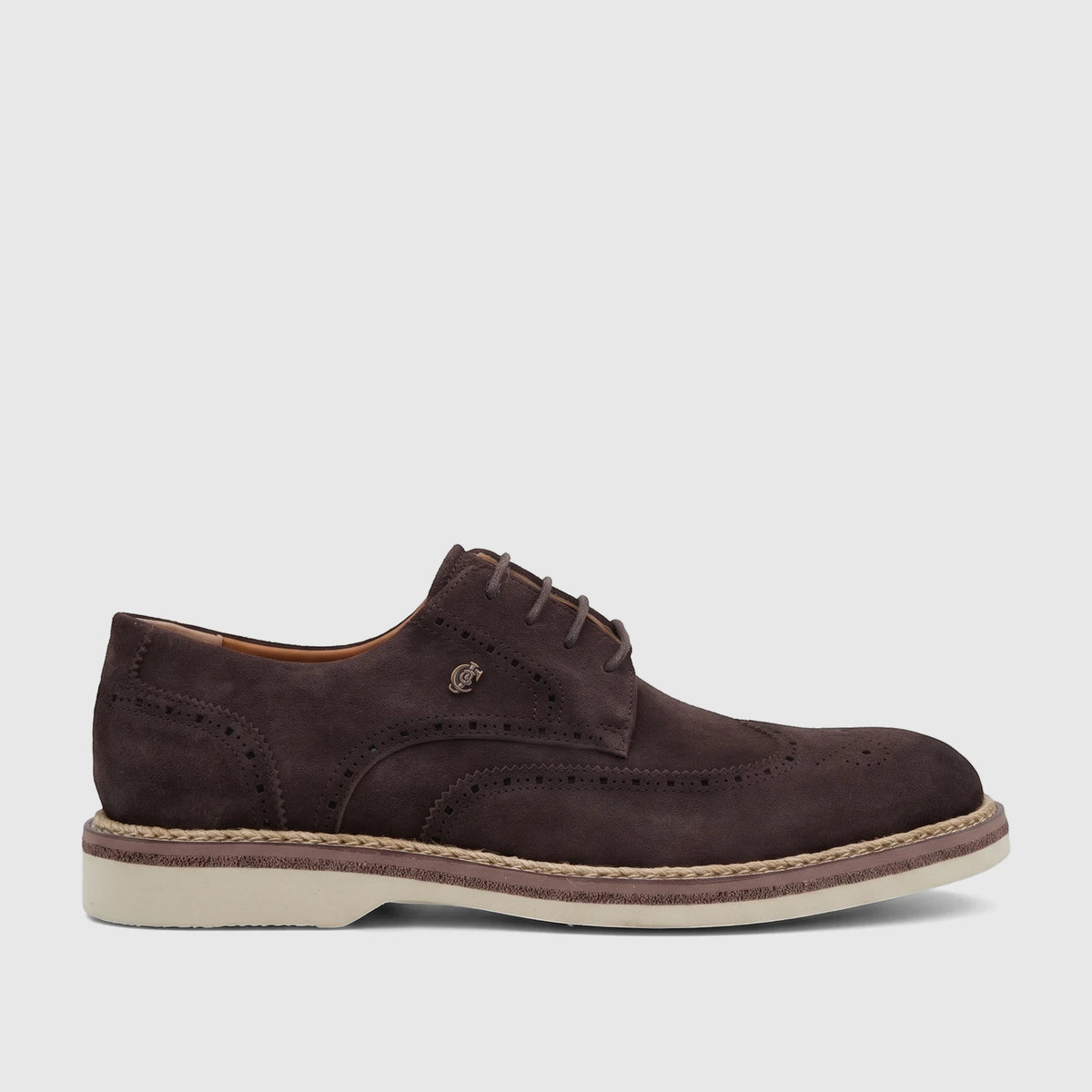 Crockett and Jones men's brown suede lace-up brogue shoes with decorative perforations and a textured sole.