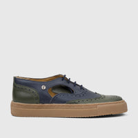Crockett and Jones Men's Lace Up Brogue Alonzo in navy and green leather with a light brown sole, viewed from the side.