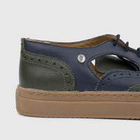 Crockett and Jones Men's Lace Up Brogue Alonzo shoe in navy and olive green leather with brogue detailing.