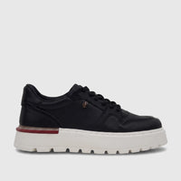 Black leather Crockett and Jones Men's Sneaker Tino with white platform sole and red accent, side view.
