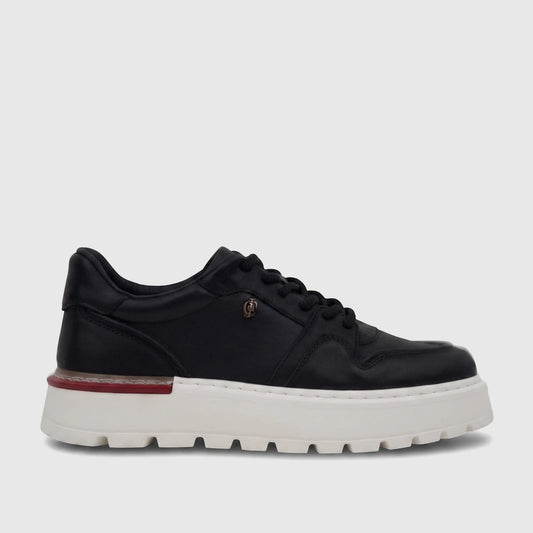 Black leather Crockett and Jones Men's Sneaker Tino with white platform sole and red accent, side view.