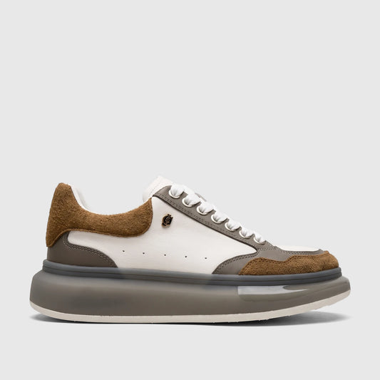 Crockett And Jones Men's Sneaker Tito, featuring white leather, brown suede, and a chunky grey sole, side view.