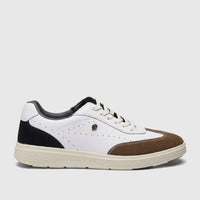 Crockett and Jones Roberto men's sneaker, featuring white leather, brown suede toe, and navy heel in a side profile view.