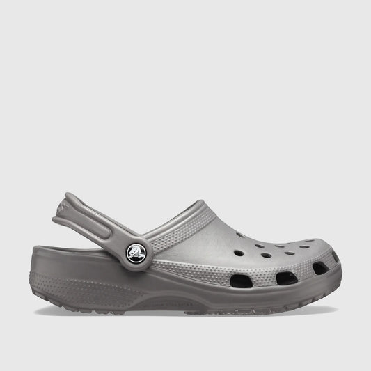 Side view of a single Crocs Classic 10001-0DA Slate Grey clog, featuring classic shape, ventilation ports, and a pivoting