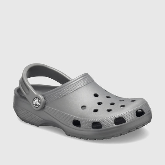 Side view of a single Crocs Classic 10001-0DA Slate Grey clog, featuring classic shape, ventilation ports, and a pivoting