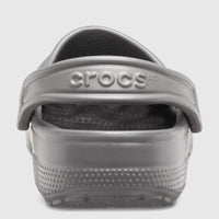 Rear view of a Crocs Classic 10001-0DA clog in slate grey, showcasing the iconic design and textured sole.