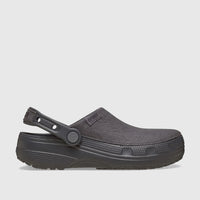 A black Crocs Classic Crafted Clog, model 211354-0LD, shown from a side view. Features include its durable construction and