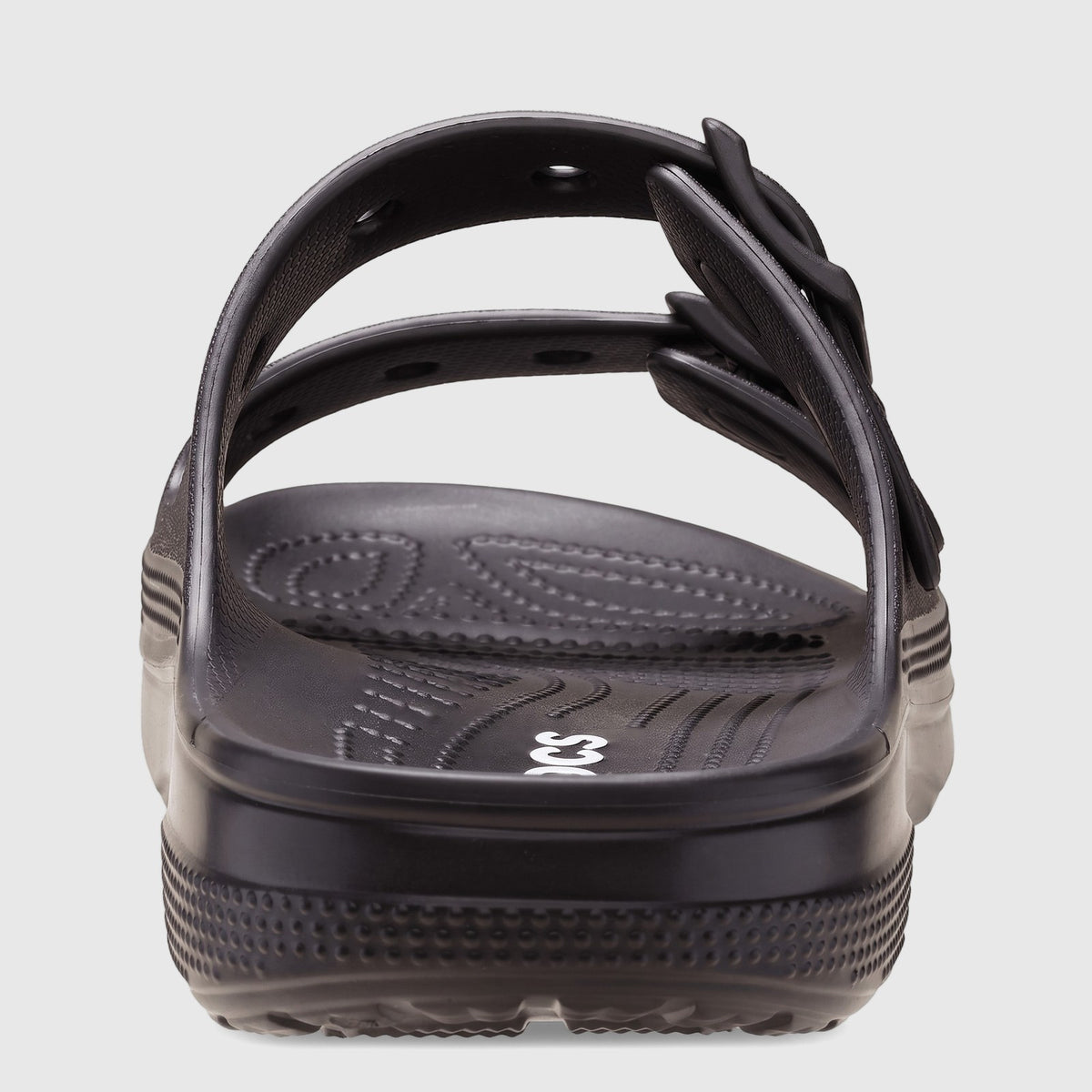 Black Crocs Saturday Sandal 212245-001, a comfortable dual-strap slide, shown from a rear view, highlighting the textured