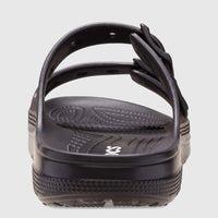 Black Crocs Saturday Sandal 212245-001, a comfortable dual-strap slide, shown from a rear view, highlighting the textured