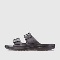 Black Crocs Saturday Sandal, side view, made from molded material with two adjustable buckle straps.