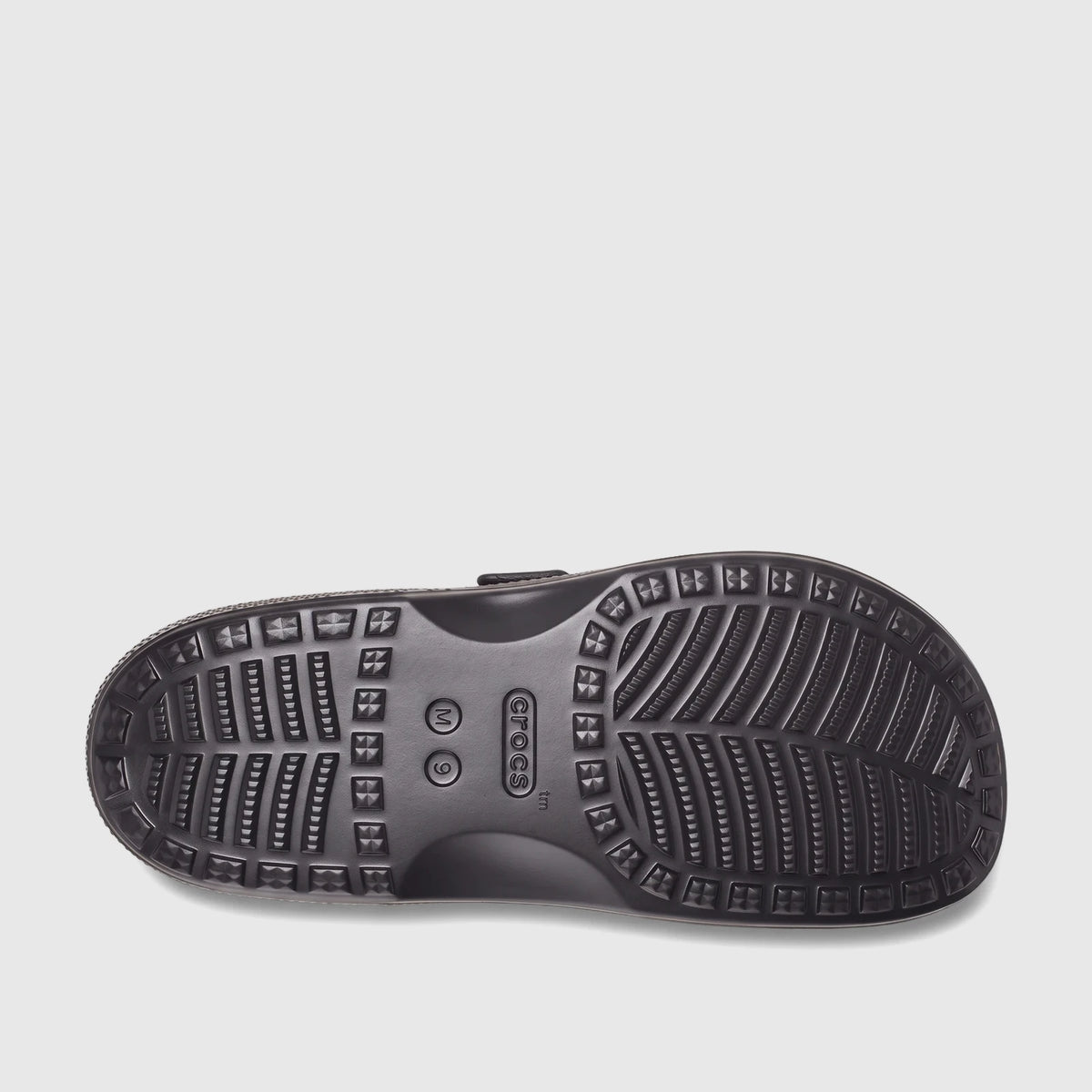Black Crocs Saturday Sandal 212245-001, top-down view of the textured sole with logo and size marking.