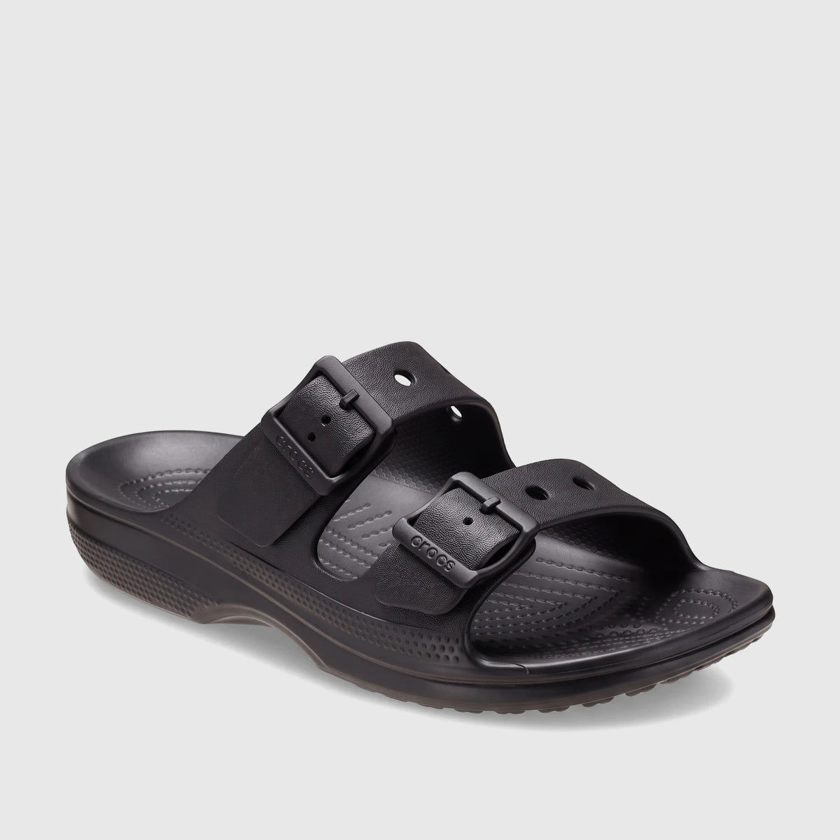 Black Crocs Saturday Sandal featuring two adjustable straps with buckles, presented in a slightly angled view.
