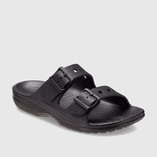 Black Crocs Saturday Sandal with two adjustable straps and buckles, made from molded material, shown in a side profile view.