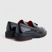 Formales Men's (UK4 TO UK12) Leather Chunky Sole Loafer With Brogue,Tassel And Fringe 0603 Black Combo FC142