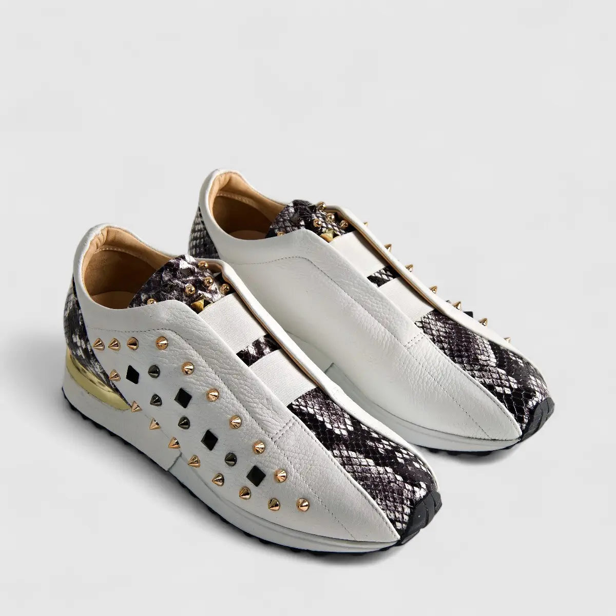 Poletto Ladies Leather Stud Sneaker White Snake 4257143 Sneakers | familyshoecentre