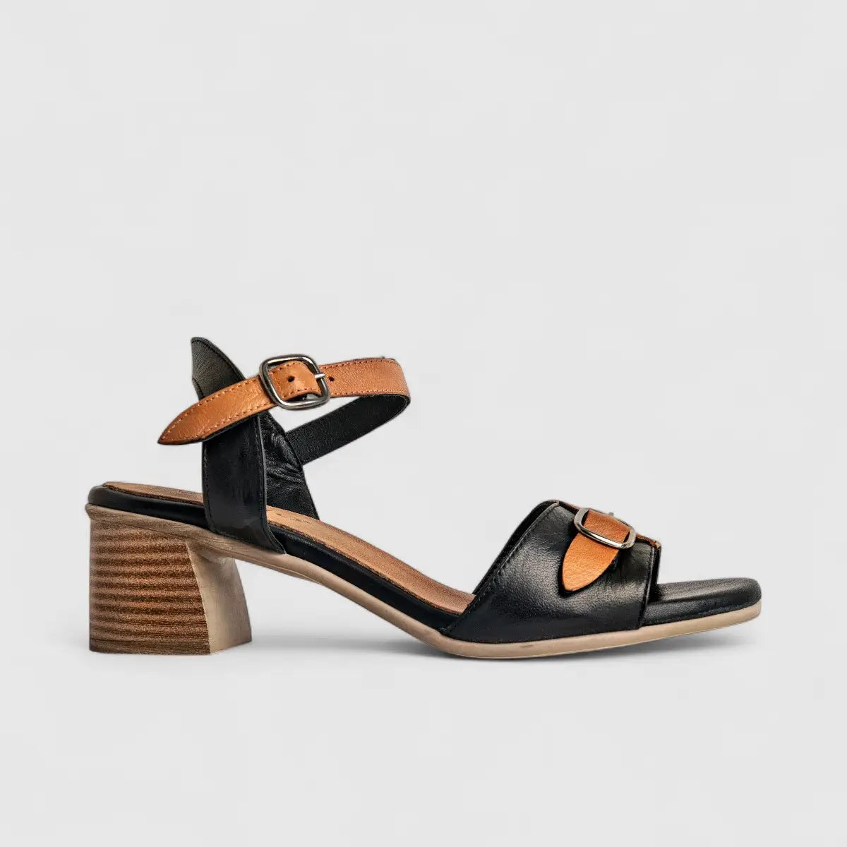 Dimato Ladies Leather Comfort Block Heel Sandal 002.9084 Beige/Black DS212