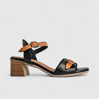 Dimato Ladies Leather Comfort Block Heel Sandal 002.9084 Beige/Black DS212