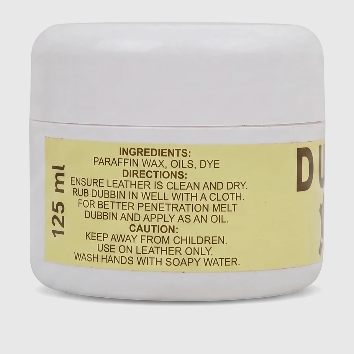 White 125ml jar of Dubbin By Staycraft leather conditioning wax, with yellow label detailing ingredients and directions.