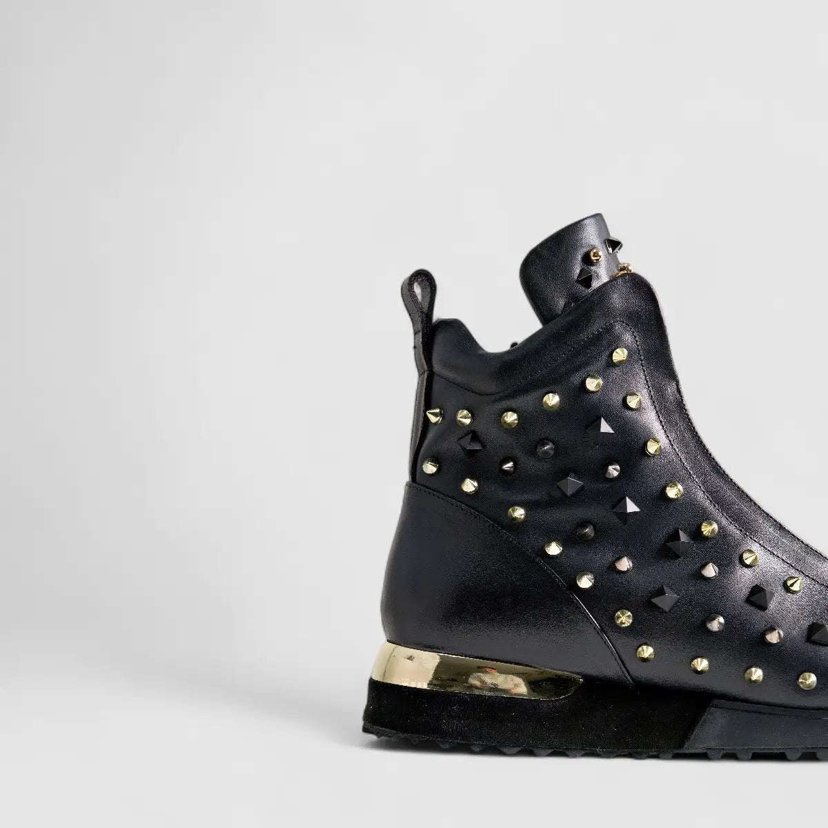 Poletto Ladies Leather Stud Boot Sneaker Black Gold 4257150 Sneakers | familyshoecentre