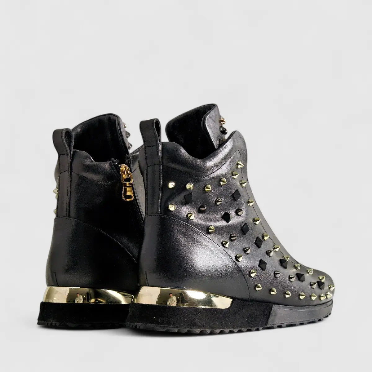 Poletto Ladies Leather Stud Boot Sneaker Black Gold 4257150 Sneakers | familyshoecentre