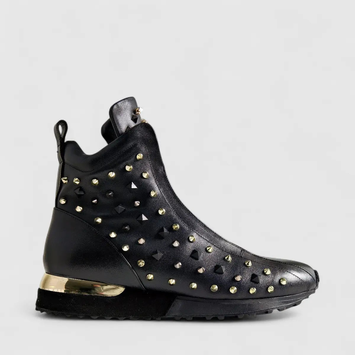 Poletto Ladies Leather Stud Boot Sneaker Black Gold 4257150 Sneakers | familyshoecentre