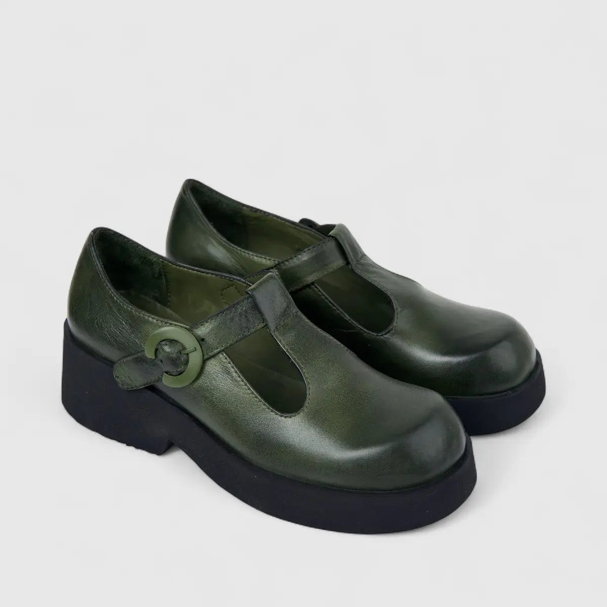 Sofia Mare Ladies Leather Mary Jane Shoe With Chunky Sole 12072 Dark Olive SF88