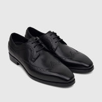 Two black Fabino men's dress leather lace-up brogue shoes, featuring detailed perforations on the toe and sides, displayed