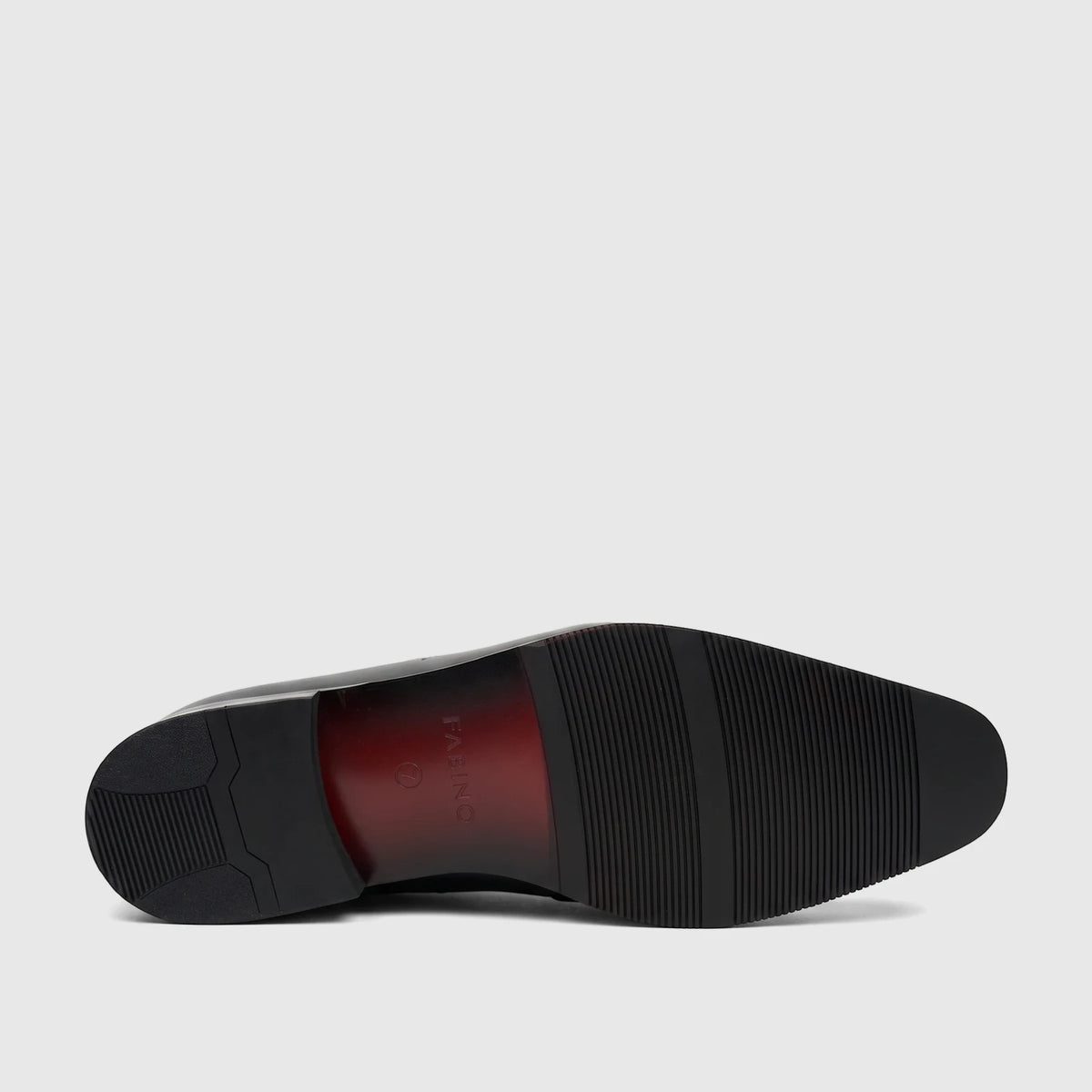 Fabino men's black dress leather lace-up shoe, showing the bottom sole with ribbed traction and red detail.