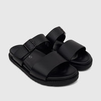 A pair of black leather Fabino men's comfort sandals with wide straps and buckles, photographed from an elevated angle.