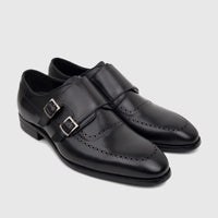 Fabino Men's black leather double monk strap dress shoes with brogue details, shown at a slight angle.