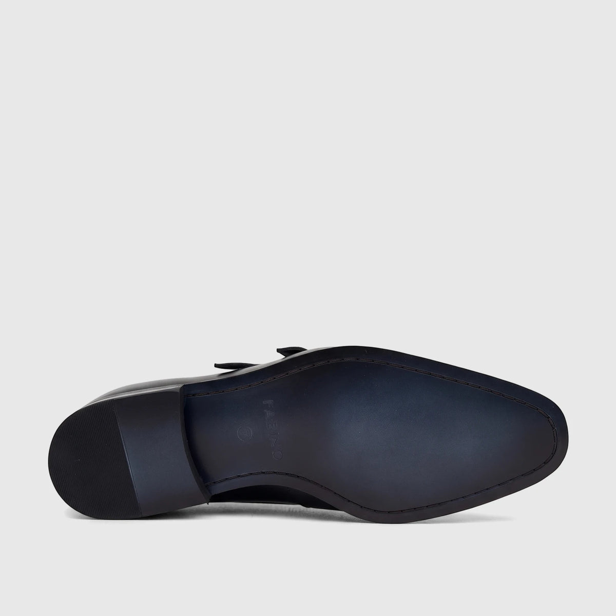 Black men's Fabino leather double monk shoe, showing the dark blue sole with brand details and textured heel.