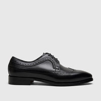 A single Fabino Men's black leather lace-up brogue dress shoe, presented in a side profile view, showcasing its detailed